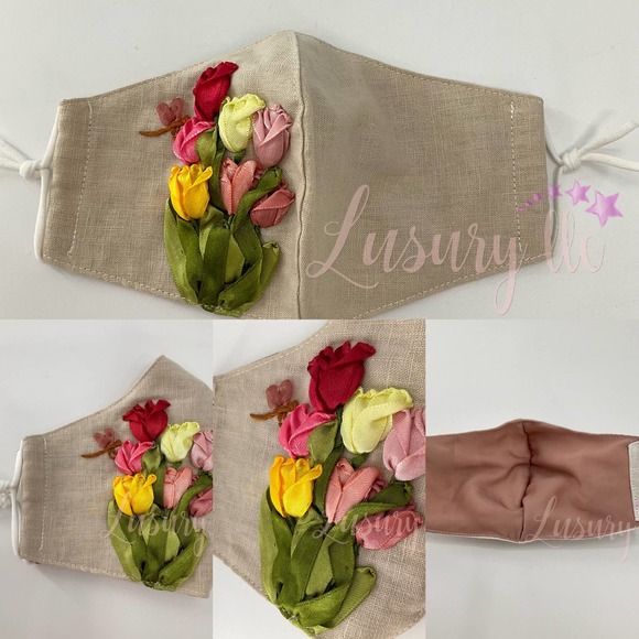 Tulip Embroidery Passport Wallet & Silk Mask, Wedding Gift, Versatile Washable - Picture 10 of 16